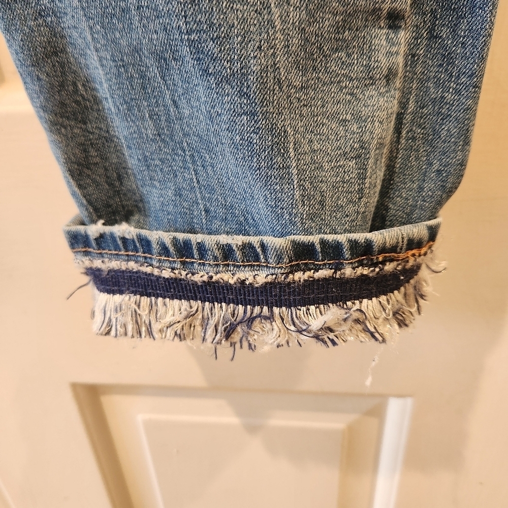 Vintage America Button Fly Jeans Women’s Size 32 Distressed Fringe Cuff Convert - Picture 15 of 16